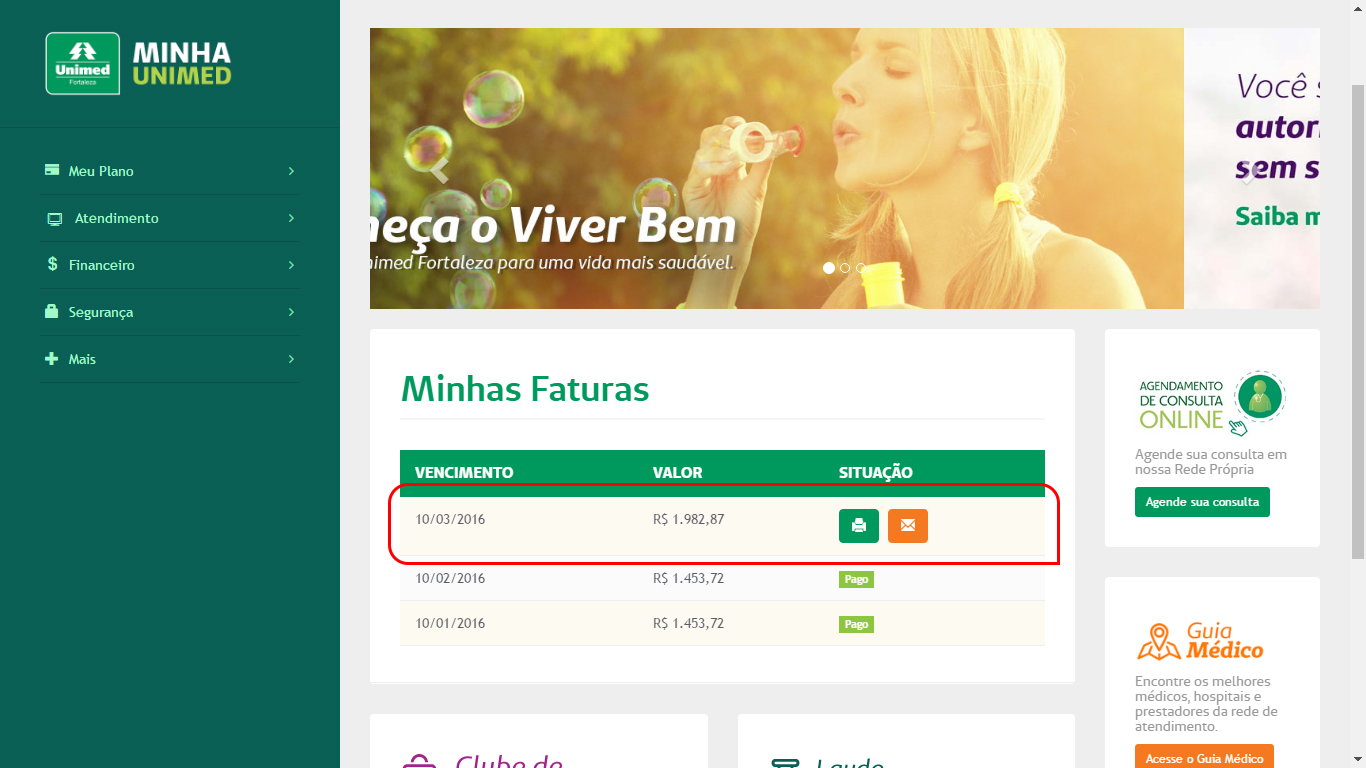 Tela mostrando o acesso rpido a suas faturas no Minha Unimed