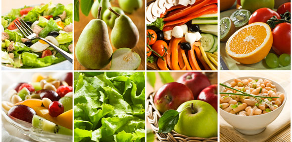 Mosaico com frutas, legumes e verduras
