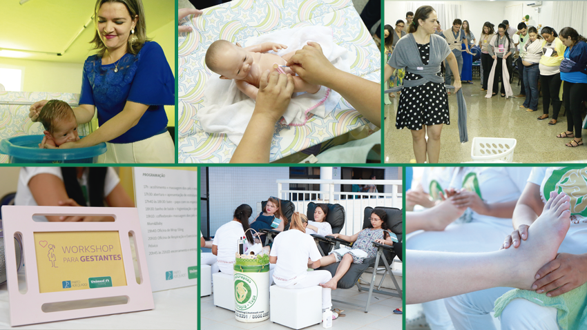 Mosaico do Workshop para Gestantes: Ofur para o beb; Limpeza do beb; Oficina de sling; Massagem nos ps