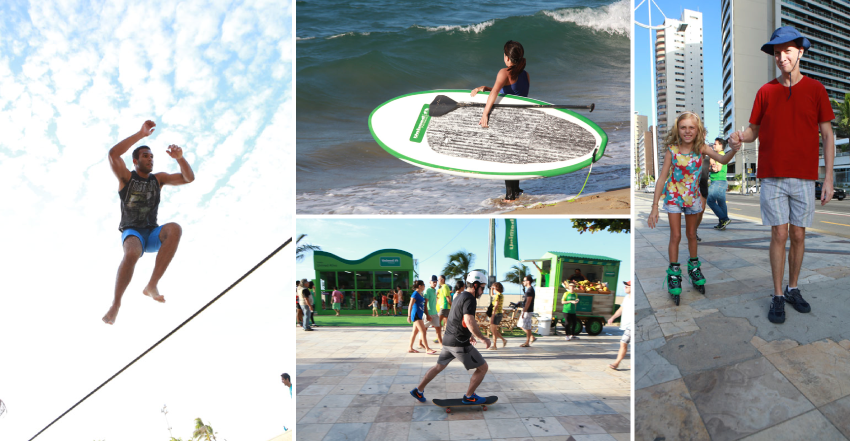 Mosaico de fotos de pessoas praticando esportes no lanamento do Espao Unimed Ativa