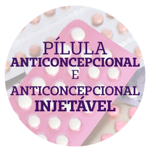 Imagem com plulas no fundo e texto escrito "Pilula Anticoncepcional e Anticoncepcional Injetvel"