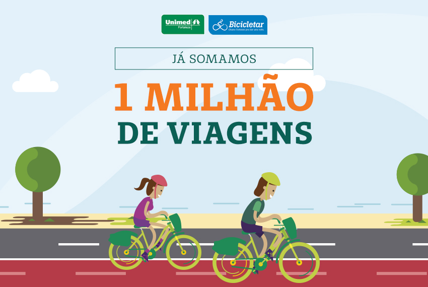 Ilustrao de bicicletas na praia respresentando um milho de viagens do Bicicletar em Fortaleza