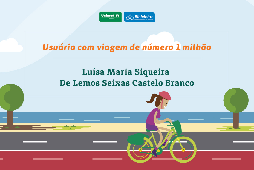 Ilustrao de bicicleta na praia representando a usuria Lusa Maria que realizou a viagem um milho do Bicicletar