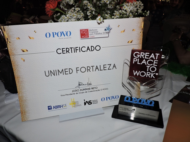 Certificado da Unimed Fortaleza como uma das melhores empresas para se trabalhar (Great Place to Work 2016)