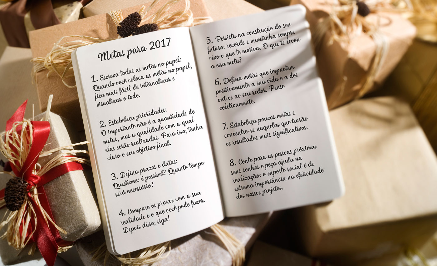 Caderno aberto escrito com várias metas para 2017 e vários presentes ao redor do caderno