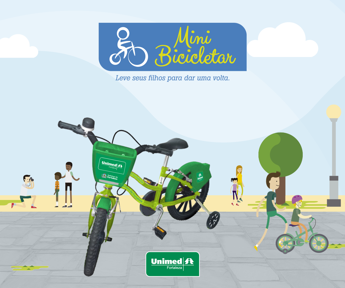 Imagem com o modelo de bicicleta de rodinhas, para crianas, do Mini Bicicletar. No plano de fundo, h ilustraes de crianas andando de bicicleta com o auxlio dos pais em uma praa com rvores.