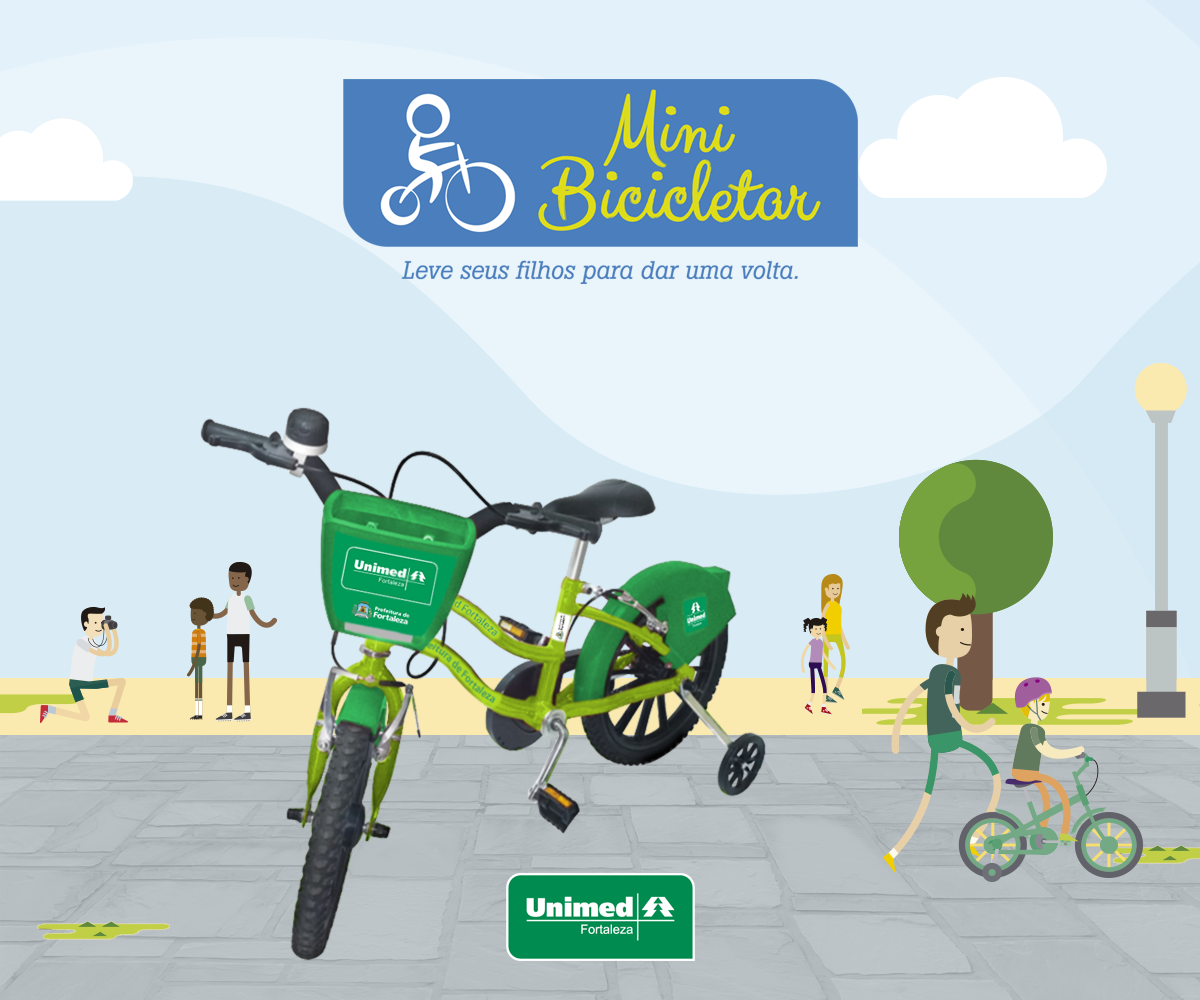 Imagem com o modelo de bicicleta de rodinhas, para crianças, do Mini Bicicletar. No plano de fundo, há ilustrações de crianças andando de bicicleta com o auxílio dos pais em uma praça com árvores.