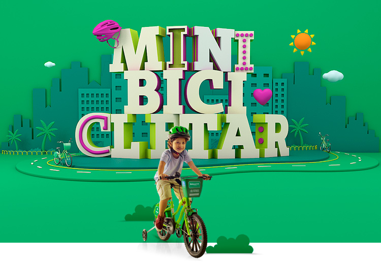 Foto do topo com a logo do Mini Bicicletar e com criana na bicicleta.