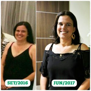 Cliente Tatiana em seu antes (setembro de 2016) e depois (junho de 2017)