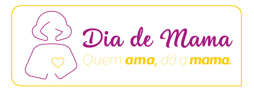 Logo do evento "Dia de Mama" com uma ilustrao de uma mulher e um corao amarelo com a frase "Quem ama, d a mama."