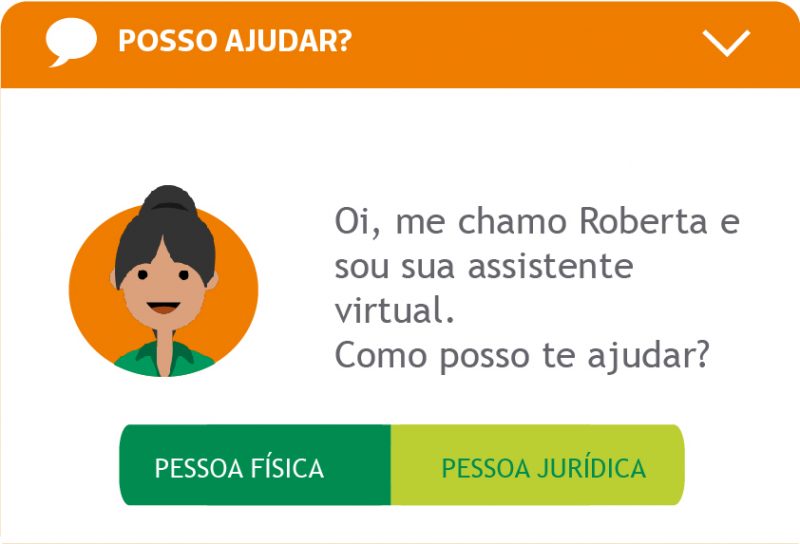 Box da assistente virtual com a ilustrao dela com o texto "Oi, me chamo Roberta e sou sua assistente virtual. Como posso te ajudar?"