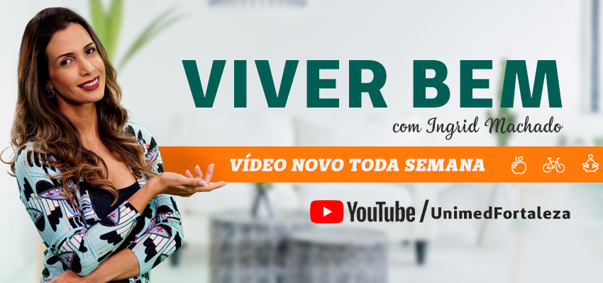 Capa do canal da Unimed Fortaleza no Youtube com a imagem da influencer Ingrid Machado apontando para a frase "Vdeo novo toda semana".