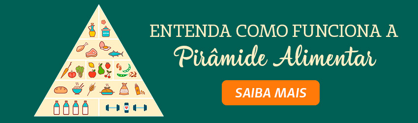 Banner com a imagem de uma pirmide com alimentos e o texto "Entenda como funciona a pirmide alimentar" e o boto "saiba mais", para ajudar a controlar a compulso alimentar