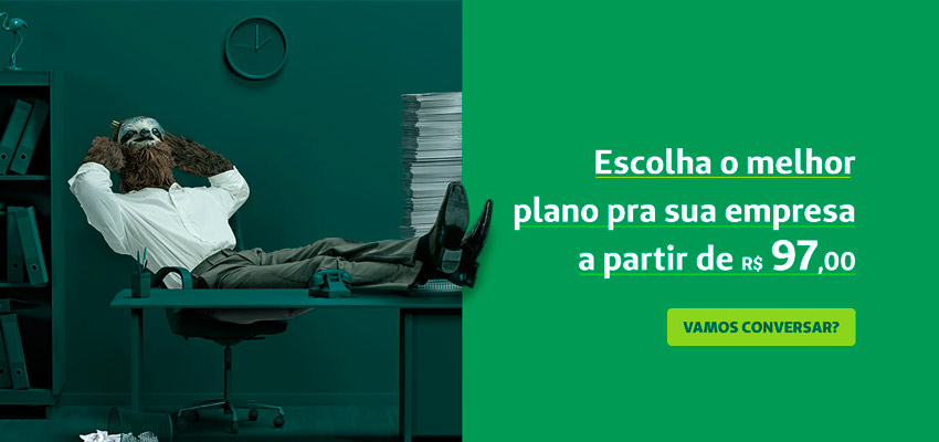 Banner com um bicho-preguia em um ambiente de escritrio, com os braos na cabea e as pernas apoiada em uma mesa. Ao lado direito, o texto "Escolha o melhor plano pra sua empresa a partir de R$ 97,00". Logo abaixo, o boto "Vamos conversar?"