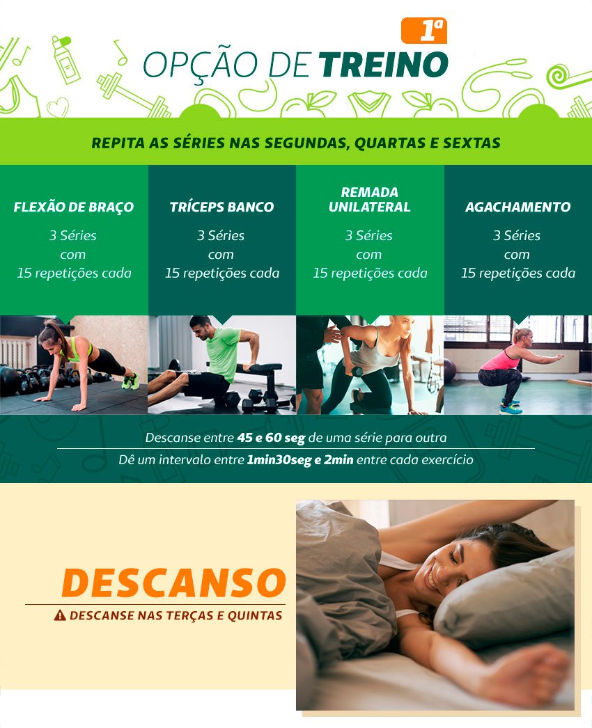 Infográfico com a primeira opção de treino de musculação em casa