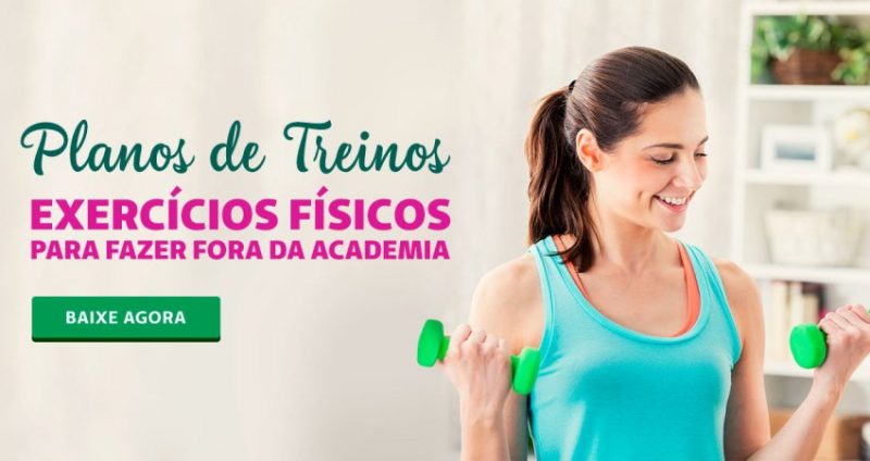 Mulher segurando dois halteres e ao seu lado o texto "Planos de Treinos: Exerccios fsicos para fazer fora da academia" para inserir na publicao dos posts publicados em 2018 mais acessados no ano.