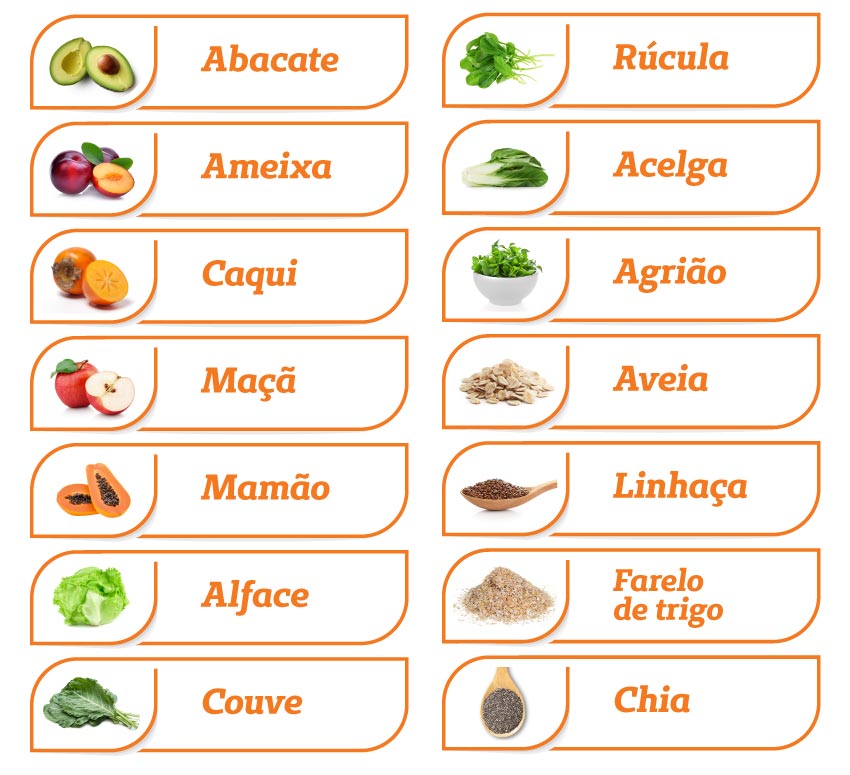 Alguns alimentos ricos em fibras: abacate, ameixa, caqui, ma, mamo, alface, couve, rcula, acelga, agrio, aveia, linhaa, farelo de trigo e chia.