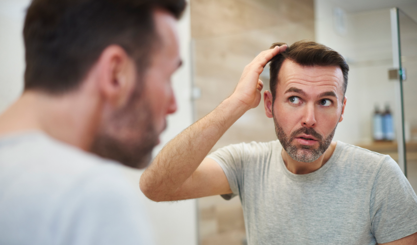 Homem analisando indicios de alopecia