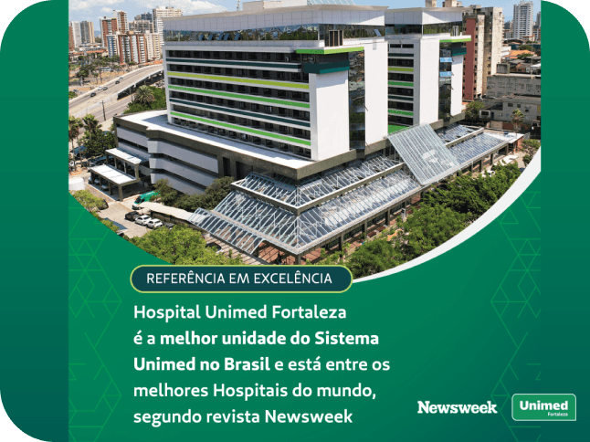 Foto do hospital Unimed visto de cima com um texto abaixo